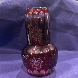 Vintage Czechoslakian Cut to Clear Red Tumbke Up Carafe and Cup